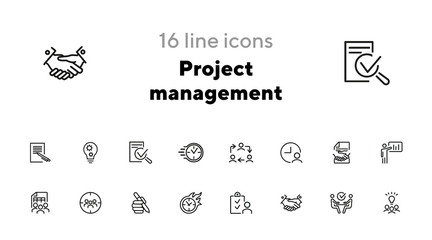 Project management line icon set. Handshake, team, interview. Business concept. Can be used for topics like leadership, teamwork startup