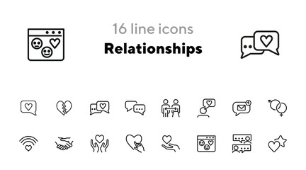Relationships line icon set. Set of line icons on white background. Sociality concept. Message, notification, relationship. Vector illustration can be used for topics like internet, chatting