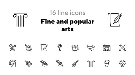 Fine and popular arts icon. Set of line icons on white background. Theater, painting, music, cinema, photography. Hobby concept. Vector illustration can be used for topics like leisure, entertainment