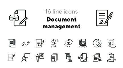 Sticker - Document management line icon set. Paper, agreement, signature, people. Business concept. Can be used for topics like paperwork, finance, analysis