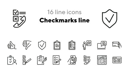 Sticker - Checkmarks line icons. Set of line icons. Checkboxes and telephone receiver, checklist, clipboard. Assessment concept. Vector illustration can be used for topics like computing, social networking