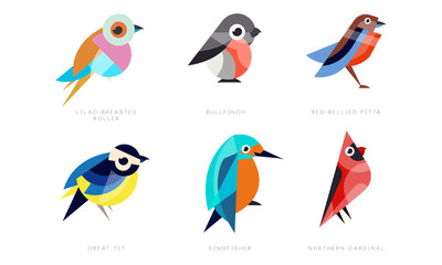 Poster - Colorful Stylized Birds Collection, Lilac Breasted Roller, Bullfinch, Red Bellied Pitta, Great Tit, Kingfisher, Northern Cardinal Vector Illustration on White Background