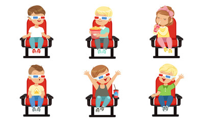 Wall Mural - Cute Kids Watching Movie with 3D Glasses While Eating Popcorn and Drinking Soda Drink, Boys and Girls Sitting in the Cinema Vector Illustration on White Background