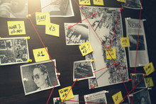 Detective Board With Crime Scenes, Photos Of Suspects And Victims, Evidence With Red Threads, Vintage Toned
