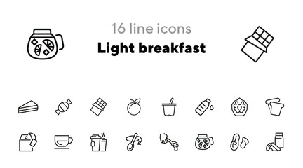 Wall Mural - Light breakfast line icon set. Set of line icons on white background. Cup, spoon, walnut. Snack concept. Vector illustration can be used for topics like eating, drinking, healthy, diet