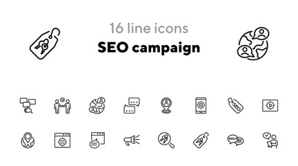 Poster - SEO campaign line icon set. Message, searching, technology. Market research concept. Can be used for topics like optimization, marketing, targeting