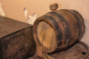 Old wooden barrel for wine with a gag.