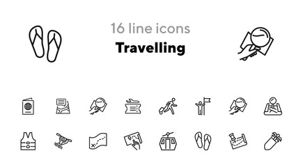 Travelling line icon set. Set of line icons on white background. Map, lens, route, hiking. Tourism concept. Vector illustration can be used for topics like active lifestyle, swimming