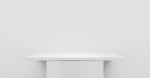 3D Illustration Of Empty Shelf Table On White Wall Or Empty Pedestal For Mockup, Blank Stand For Product And Display On White Minimal Background