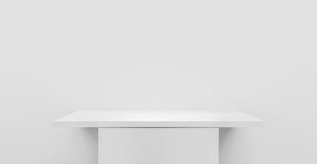 3D illustration of empty shelf table on white wall or empty pedestal for mockup, blank stand for product and display on white minimal background
