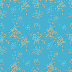 vector illustration seamless pattern beige leaves on a blue background useful for textile, wrapping paper