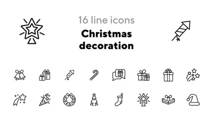 Wall Mural - Christmas decoration line icon. Set of line icons on white background. Festive concept. Wreath, sock, present, firework. Vector illustration can be used for topics like Christmas, new year, decoration