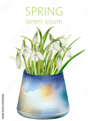 Spring white bell flowers in old blue vase. Watercolor style. Place for text....