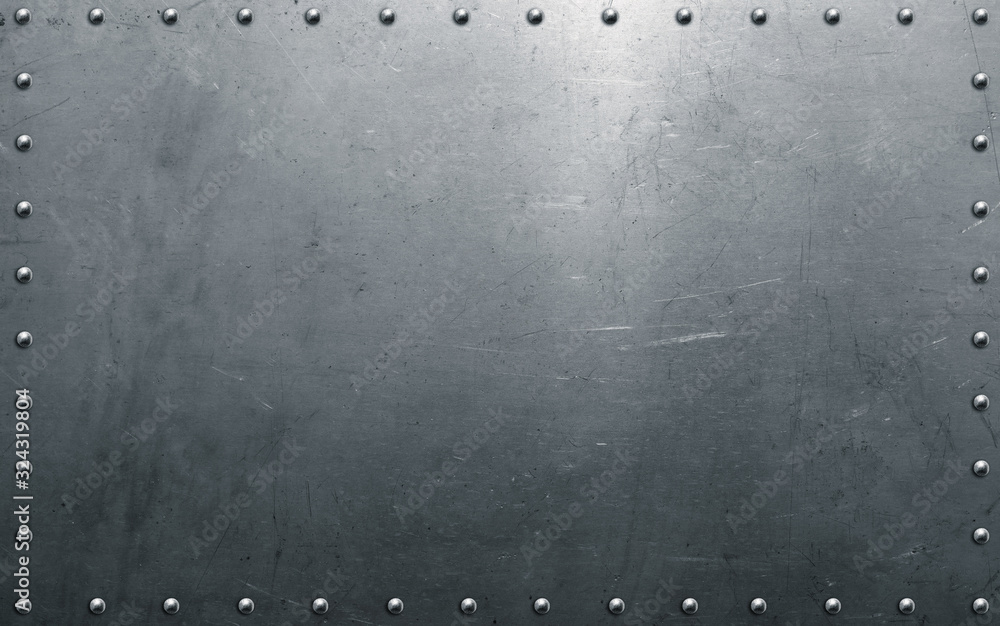 Metal background with rivets, polished steel texture - obrazy, fototapety, plakaty 