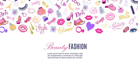 Beauty shop and fashion vector illustration. Glamour, stylish cloths, accessories for ladies, cosmetics, body care, paris typography banner. Modern concepts for beauty shop poster or web banner.