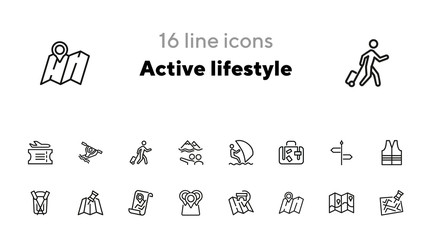 Active lifestyle line icon set. Set of line icons on white background. Boat, surfing, map. Tourism concept. Vector illustration can be used for topics like travelling, activity