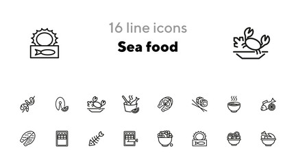 Wall Mural - Sea food line icon set. Set of line icons on white background. Bowl, fish, sardines. Food concept. Vector illustration can be used for topics like eating, cooling, resting