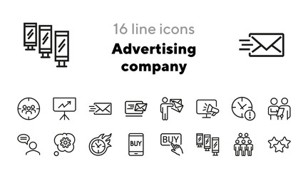 Advertising company icons. Set of line icons. Best offer, buy button, creative idea. Marketing concept. Vector illustration can be used for topics like advertising, commerce, marketing