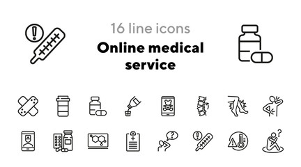 Poster - Online medical service line icon set. Drug, syrup, consulting pediatrician. Medicine concept. Can be used for topics like suffering from pain, treatment, cure, disease