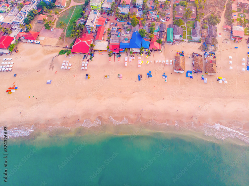 aerial view of the Baga Beach, Goa, India. - obrazy, fototapety, plakaty 
