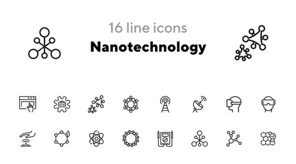 Sticker - Nanotechnology line icon set. Radar satellite, VR headset, organic molecule. Modern technology concept. Can be used for topics like physics, chemistry, virtual reality