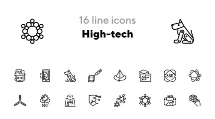 Sticker - High-tech line icon set. Molecule model, AR projection, artificial satellite. Modern technology concept. Can be used for topics like augment reality, VR devices, 3D designing