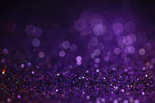 Purple Glitter Festive Background. Abstract Violet Blurred Circles. Bokeh Lights With Bright Shiny Effect Illustration. Overlapping Glowing And Twinkling Spots Decorative Backdrop Design