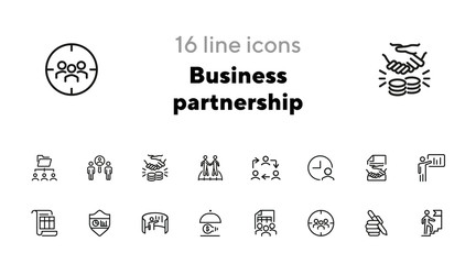 Business partnership icons. Set of line icons on white background. Work, team, project. Career concept. Vector illustration can be used for topics like management, office, job