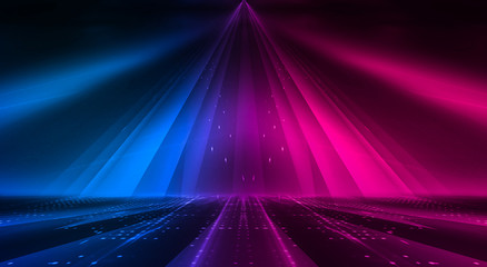 Dark abstract futuristic background. Neon lines glow. Neon lines, shapes. Pink-blue glow. Empty Stage Background