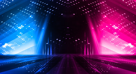 Wall Mural - Dark abstract futuristic background. Neon lines glow. Neon lines, shapes. Pink-blue glow. Empty Stage Background