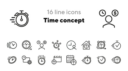 Sticker - Time concept icons. Set of line icons. Accelerated time, calendar with clock, video timer. Time concept. Vector illustration can be used for topics like time, planning