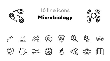 Microbiology icon. Set of line icon on white background. Laboratory equipment, cell, bacterium. Exploration concept. Vector illustration can be used for topics like biology, science, research