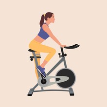 Woman Doing Exercise On An Exercise Bike. Flat Style. Vector Illustration 
