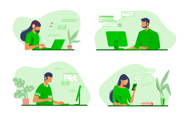 People using online apps set. Professionals using computers and cellphones for work or chat. Flat vector illustrations. Internet communication concept for banner, website design or landing web page