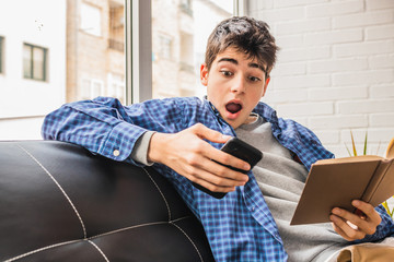 Poster - young teenage student with mobile phone and books at home sitting on the sofa