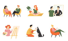 Set Of Cute People Caring About Their Mental Health. Practicing Psychotherapy, Meditation, Art Therapy, Affirmation, Read Books And Communicate With Animals. Vector Flat Cartoon Illustration