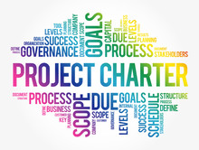 Project Charter Word Cloud Collage, Business Terms Such As Method, Process, Leads Concept Background