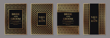 Set Of Modern Arabic Luxury Wedding Invitation Design Or Card Templates For Business Or Presentation Or Greeting With Traditional Golden Ornament On A Black Background.