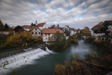 Poster - Old Skofja Loka town on a cloudy day