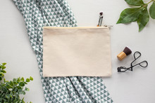 Blank Canvas Makeup Zip Bag With Leaves And Brushes Mockup - Eco Makeup Bag Mockup