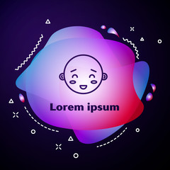 Poster - Purple line Happy little boy head icon isolated on blue background. Face of baby boy. Abstract banner with liquid shapes. Vector Illustration