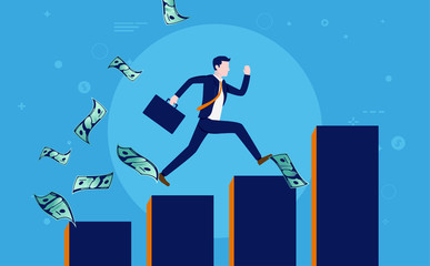 Aufkleber - Successful corporate businessman - Worker with briefcase running up a rising graph while money is flying around. Financial success, career development, hard work pays off concept