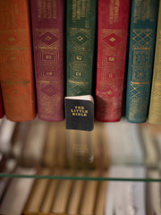 A small holy book of the Bible stands on a shelf near large multi-colored books.