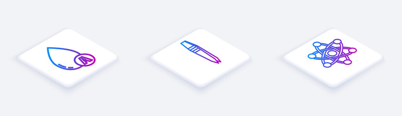 Set Isometric line Water drop, Tweezers and Atom. White square button. Vector