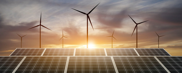 Wall Mural - panoramic - solar panel at sunset