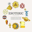 Esoteric symbols and occult objects poster, vector illustration. Cartoon esotery manuscript, eye in triangle, planets and stars, sun and astrology items. Esoterism circle poster for shops or party.