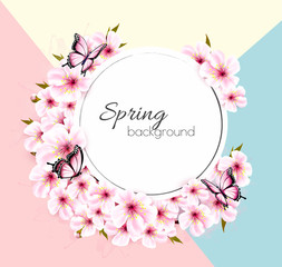 Poster - Spring nature background with a pink sakura branch. Vector