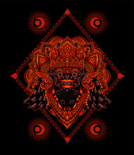Barong Head Glowing Red Color With Geometric Background(balinese Culture Icon)