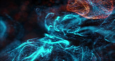 Wall Mural - abstract macro slow motion shot of blue and orange particle fluid isolated on black. paint drops mix
