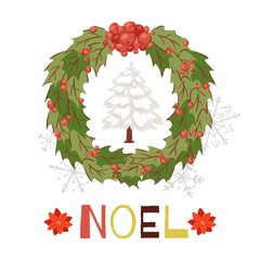 Wall Mural - Christmas wreath with snowy fir tree and shining Noel typography cartoon card vector illustration. French text Joyeux Noel for christmas winter holiday.